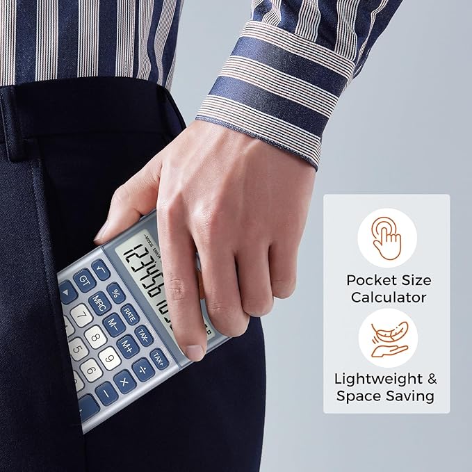 Pendancy Office Small Calculator Desktop with Tax+/- for Tax Calculation, 12 Digit Large LCD Display, Solar Battery Power, Durable Portable Design, Financial Accounting Business Home Use(OS-200T-Blue)