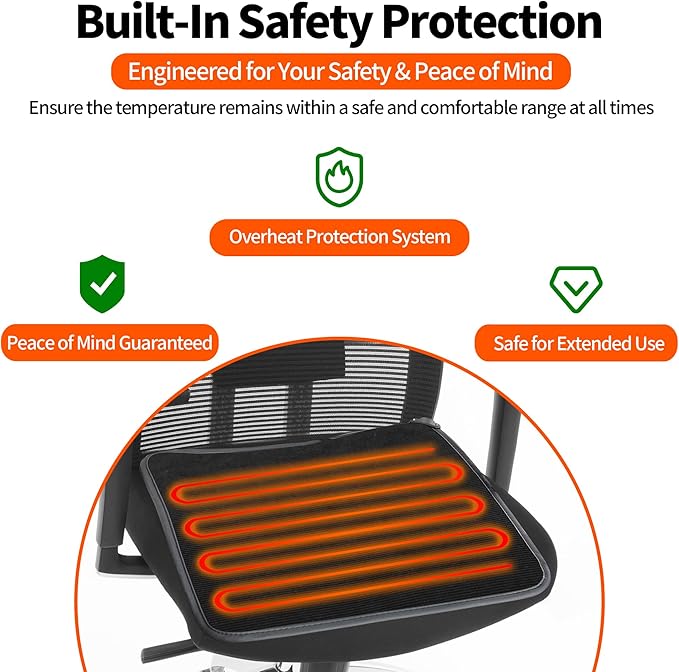 Heated Seat Cushion with 7 Heat Settings & 12-Hour Timer Shut-Off Function Office Chair Pad, Auto Shut-Off Protection, Soft Plush Cover, Non-Slip Bottom for Office Chair & Wheelchair (Black)