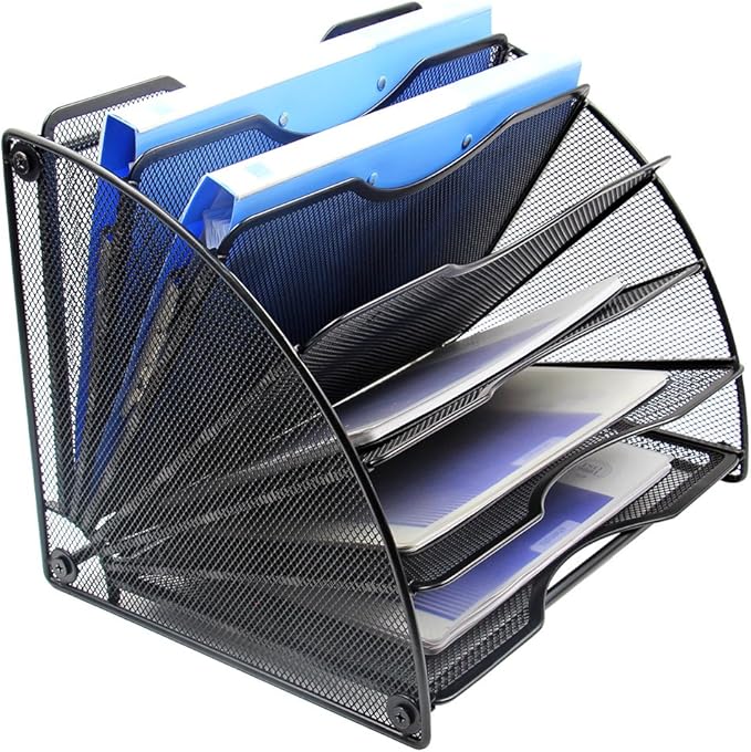 EasyPAG Desk File Organizer, 6-Section Vertical File Folder Holder Stand, Fan-Shaped Metal Rack File Sorter for Office Classroom Desktop Organization, Black