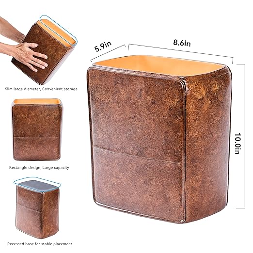 Polytree Rustic Leather Bathroom Trash Can 1.8 Gallon(7 Liter) Small Kitchen Garbage Can,Living Room Bedroom Trash Can, Decor Wastebasket for Home Office (Retro Brown)
