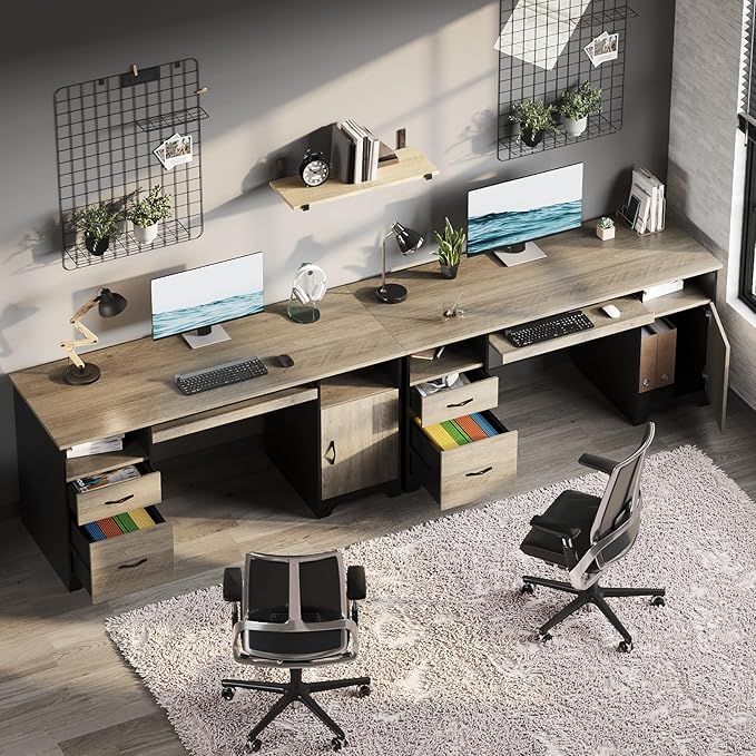 Bestier 59” Executive Desk with 2 Drawers, Computer Desk with Storage Cabinet, Industrial Wood Desk with File Drawer, Keyboard Tray & 2 Pedestals for Home Office & Studio, Gray