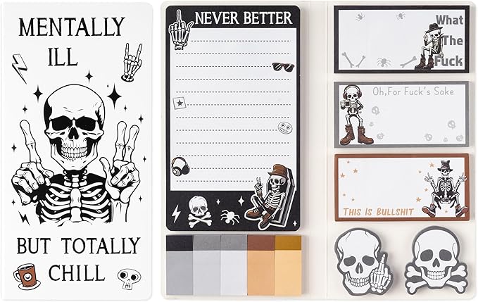 Xqumoi Funny Skull Skeleton Sticky Notes Set - Black White Gothic Skeleton Self-Stick Note Pads Halloween Hippie Notepads Writing Memo Pad Page Marker Bookmarker Index School Office Supplies Gift