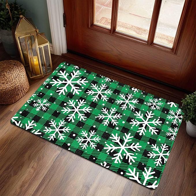 Merry Christmas Door Mat Xmas Snowflakes Doormat Non Slip Rubber Entry Front Porch Rugs Green Plaid Welcome Mats for Christmas Indoor Outdoors, 16" x 24" Inch