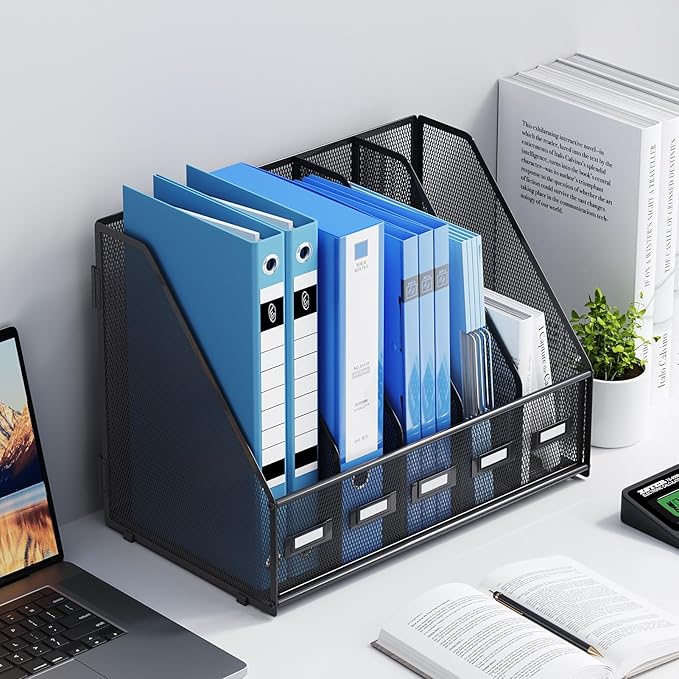 Marbrasse Desk File Organizer with 5 Vertical Compartments Mesh Magazine File Holder for Office, Home, School