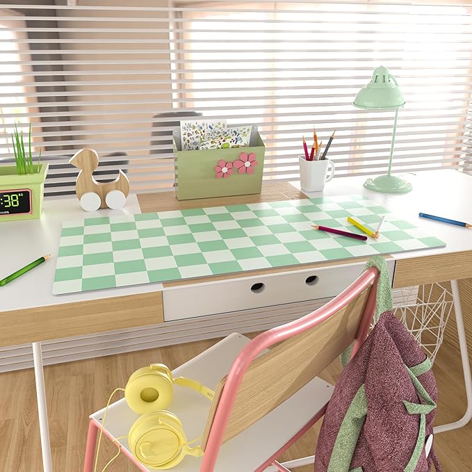 Colorful Star Large Mouse Pad, PU Leather Waterproof Desk Mat, Computer Gaming Mouse Pad, XXL Full Table Mousepad Non Slip Desk Pad for School Office Home 31.5" x 15.7" - Green Checkerboard