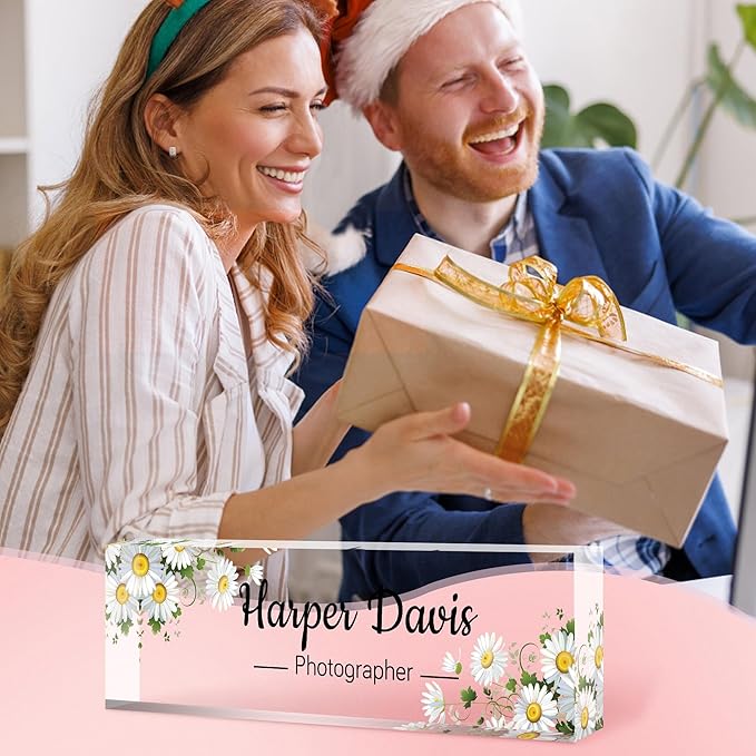 Custom Name Plate for Desk, Personalized Acrylic Office Name Sign with Name & Title, Elegant Desk Decor for Women Men, Employee Appreciation Gift (Sunflower)