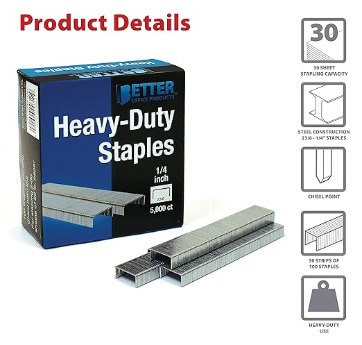 Better Office Products 5,000 Count Heavy Duty Staples, 23/6, 1/4-inch Staples, Chisel Point Tips, High Capacity