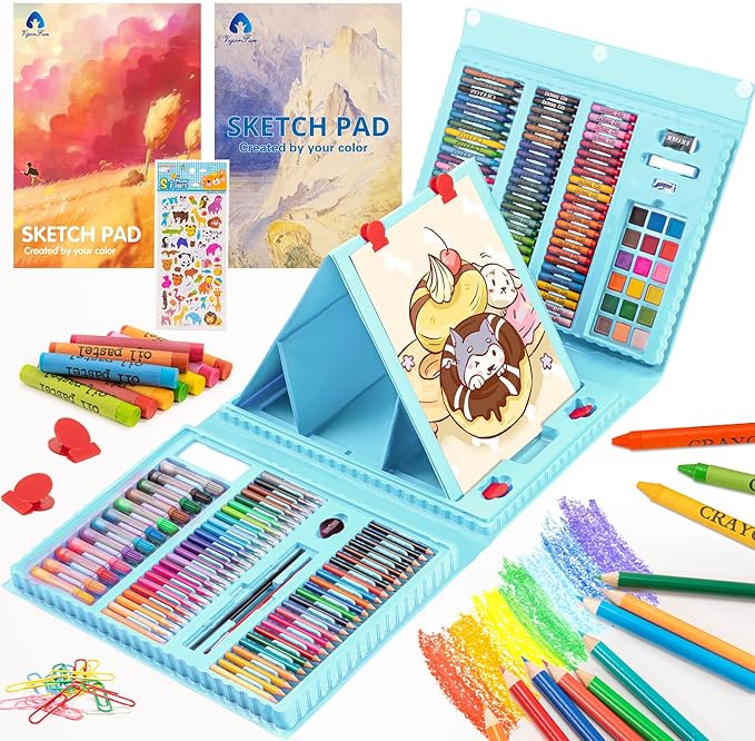 VigorFun Art Supplies, 240-Piece Drawing Art Kit, Gifts Art Set Case with Double Sided Trifold Easel, Includes Sketch Pads, Oil Pastels, Crayons, Colored Pencils, Watercolor Cakes, Stickers (Cyan)