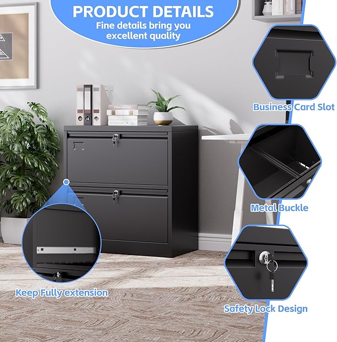 SUXXAN 2 Drawer File Cabinet, Lateral Filing Cabinet with 2 Locks for Home Office, Black File Cabinets with Business Card Holder for Letter/Legal/F4/A4 Hanging Files