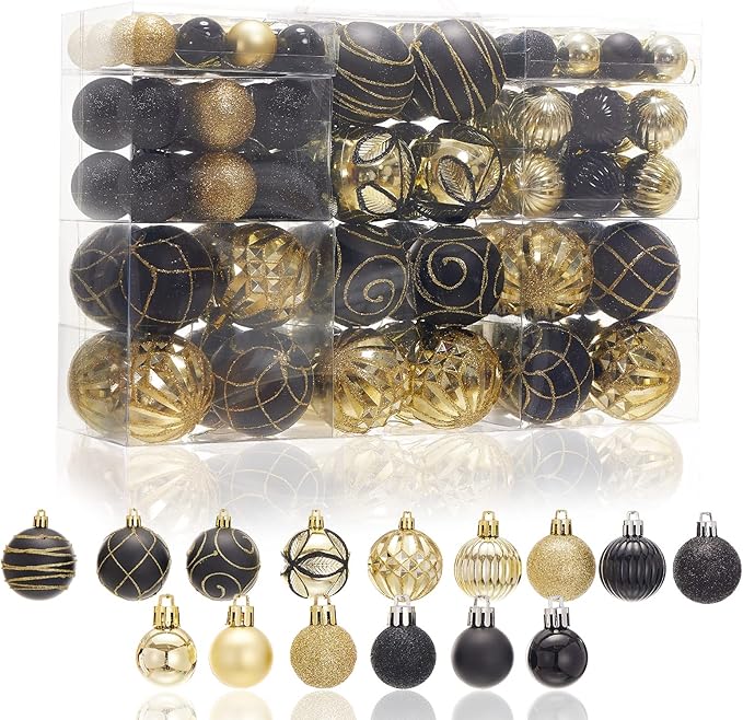 100Pcs Elegant Christmas Balls Set Christmas Tree Ornaments with Glitter and Patterns Bulk Ornaments for Tree as Festive Christmas Decor Xmas Ball Set Black Gold