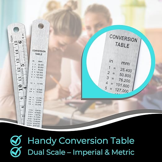 6 Inch Metal Ruler Bulk Set - 50-Pack of Compact 6 Inch / 15cm Stainless Steel Rulers - Precise Edge-Starting Imperial & Metric Measurements - Essential for Classrooms, Workshops, and Offices
