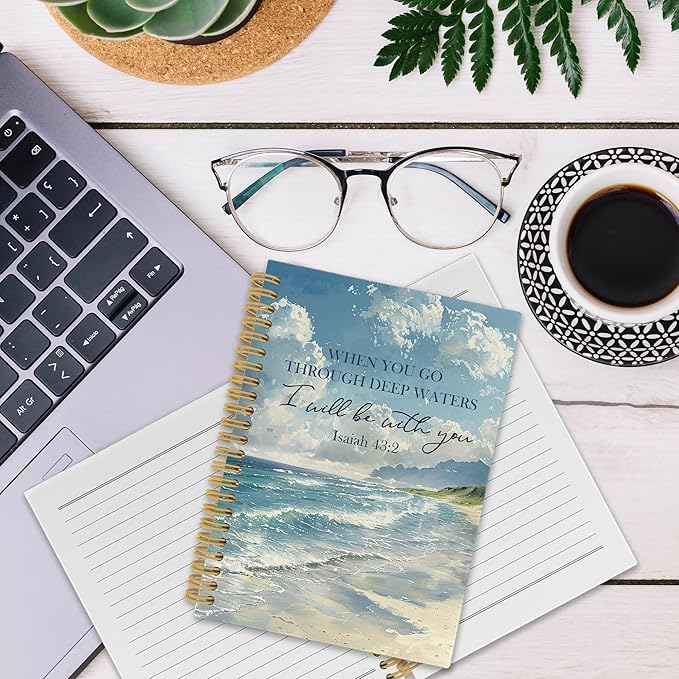 Ocean Christian Spiral Notebook, Coastal Bible Journaling Notebooks for Women Men, Religious Beach Hardcover Journals for Office 160 Pages 5.5 x 8.3 Inch, Scripture Gifts for Women Faith