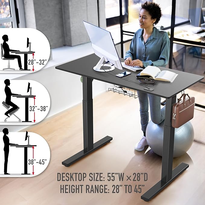 SHW 55 x 28 Inches Electric Height Adjustable Standing Desk with Drawer and Memory Preset, Black