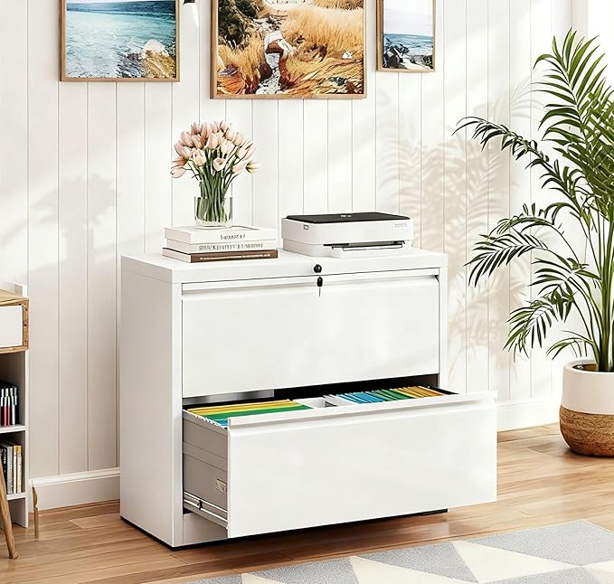 2-Drawer Lateral File Cabinet with Lock, Black Metal Filing Cabinet for Office or Home – Secure Storage for Letter/Legal/A4/F4 Documents, Easy to Assemble Locking File Organizer (White, 2 Drawer-26"W)