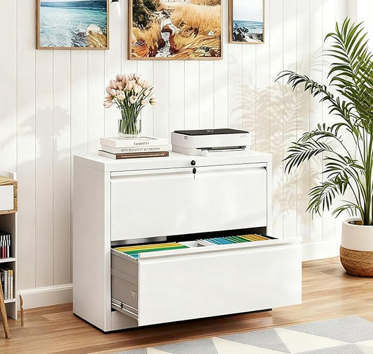 2-Drawer Lateral File Cabinet with Lock, Black Metal Filing Cabinet for Office or Home – Secure Storage for Letter/Legal/A4/F4 Documents, Easy to Assemble Locking File Organizer (White, 2 Drawer-26"W)