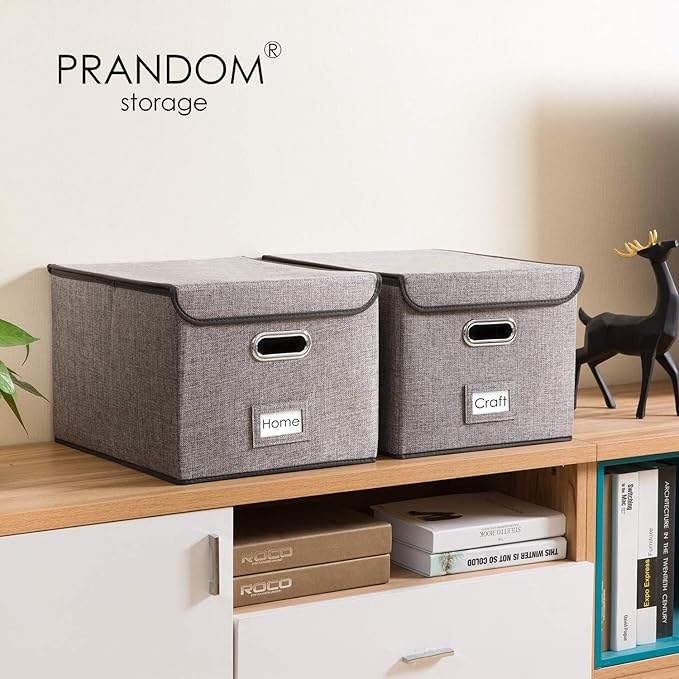 PRANDOM File Organizer Box - Set of 4 Collapsible Decorative Linen Filing Storage Hanging File Folders with Lids Office Cabinet Letter Size (15x12.2x10.75 inch)