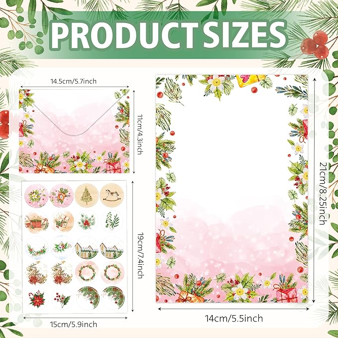160pcs Christmas Stationery Paper and Envelope Set, 50 Sheets Christmas Holiday Letterhead Paper 50 Matching Envelopes 60 Stickers， Falling Holly Xmas Writing Paper for Winter & Holiday Events