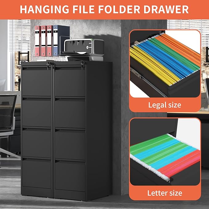 4 Drawer Locking File Cabinet with Wheels,Black Metal Mobile Filing Cabinets,Vertical File Cabinet for Home Office,Rolling Storage Cabinet for A4/Letter/Legal Size File,Assembly Required