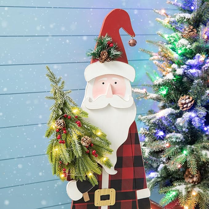 Glitzhome Wooden Christmas Santa Porch Sign Standing Porch Decor, Rustic Lighted Merry Christmas Welcome Sign Holiday Party Outdoor Indoor Xmas Decorations,36" H