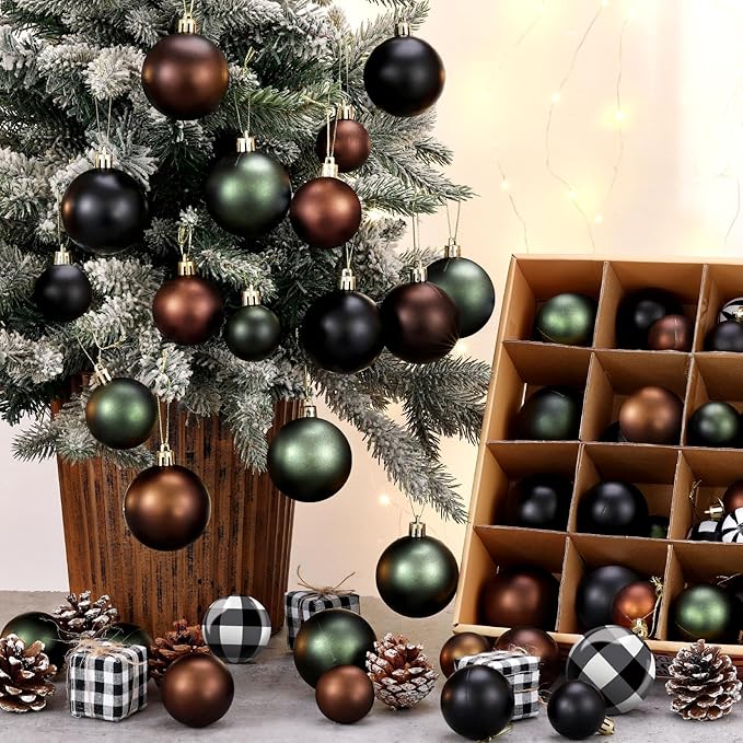64 Pcs Neutral Christmas Ball Ornaments Bulk Matt Glitter Check Brown Green Black Xmas Bulbs Ornaments 1.6/1.97/2.4 Inch Modern Christmas Decorations for Tree Holiday Indoor Wreath Home Decor