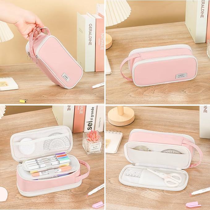 Pencil Case Large Zipper Pencil Pouch for Girls Kids Teens Adults Aesthetic Pencil Bag Stationery Organizer Pen Pencil Case with Handle for School Pink