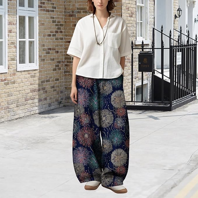 Zaswen Women's Oversize Loose Fit Breathable Pants Wide Leg Lounge Pants Fashion Casual Fireworks Print Trousers with Pockets