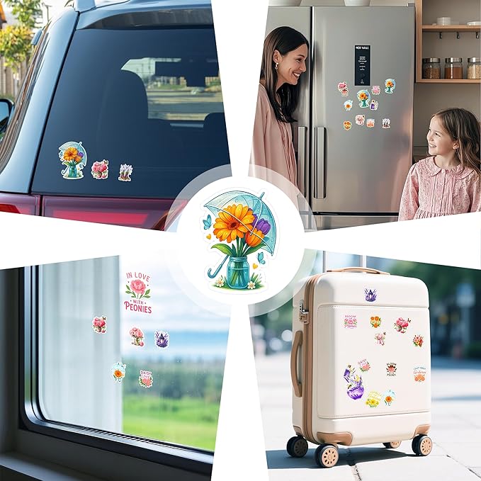 105 PCS Peony Lavender Gerbera Daisy Flower Stickers Pack Vinyl Waterproof Botanical Bloom Quote Decal for Hard Hat Bumper Car Water Bottle Scrapbook Laptop Phone Wall Gift