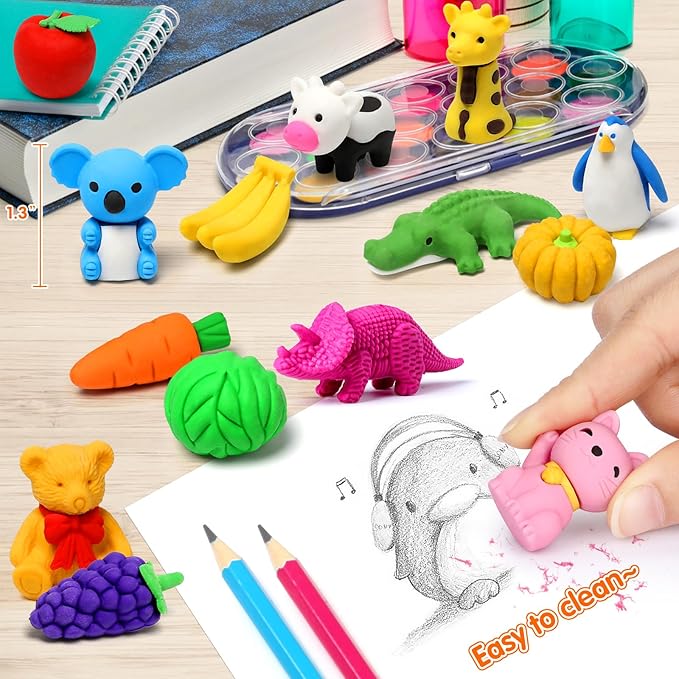 Arscniek 40 Pack 3D Puzzle Animal & Food Erasers for Kids, Take Apart Mini Pencil Erasers, Bulk Party Favors, Classroom Prizes, Treasure Box & Stocking Stuffers