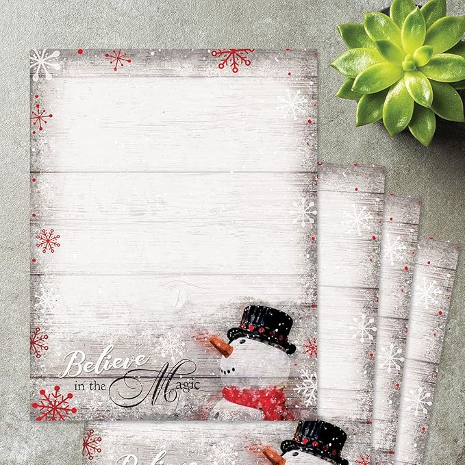 Snowman Believe Holiday Letter Paper - Set of 25 Christmas stationery papers are 8 1/2" x 11", compatible computer paper