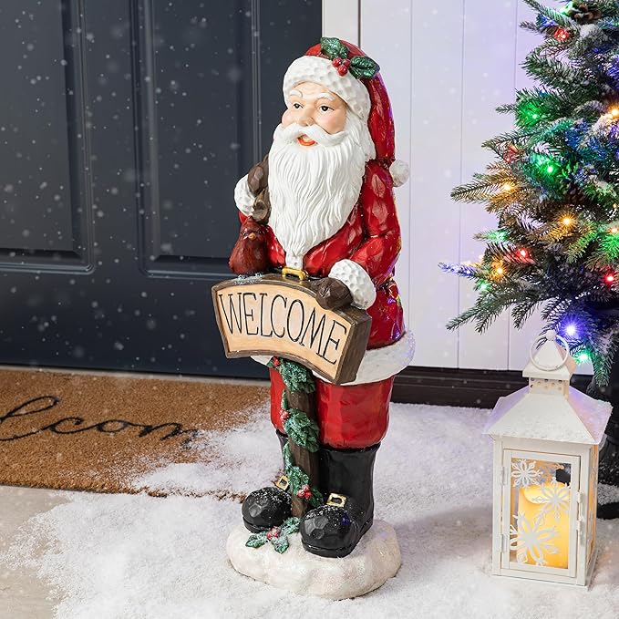 Glitzhome 28''H MGO Christmas Santa Porch Decor, Xmas Winter Wall Yard Standing for Patio Front Porch Indoor Outdoor Home Welcome Sign Decor