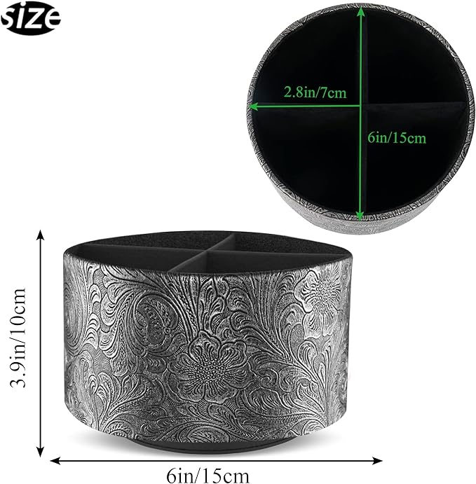 lizimandu Round Leather Art Supply Organizer,Remote Control Holder,360 Degree Spinning,Multi-Functional Pencil Holder,4 Compartments Desktop Stationary Organizer(1-Grey)