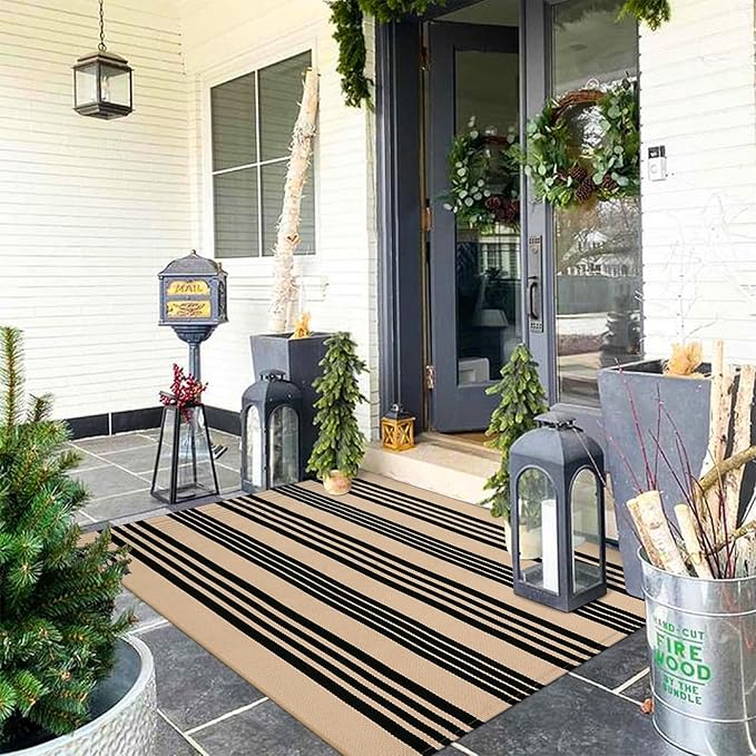 KIMODE Striped Outdoor Rug 3'x 5',Washable Reversible Striped Outdoor Patio Rugs,Cotton Hand Woven Farmhouse Welcome Layered Door Mats for Front Door Entryway Porch Spring Decor Black and Khaki