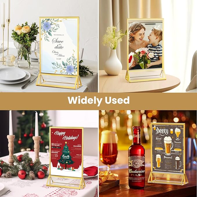Acrylic Sign Holder 5X7 Gold Picture Frame Double-Sided Acrylic Frames for Wedding Table Numbers Photo Frames Flyers Menu with Removable Sticky Dots-6 Pack