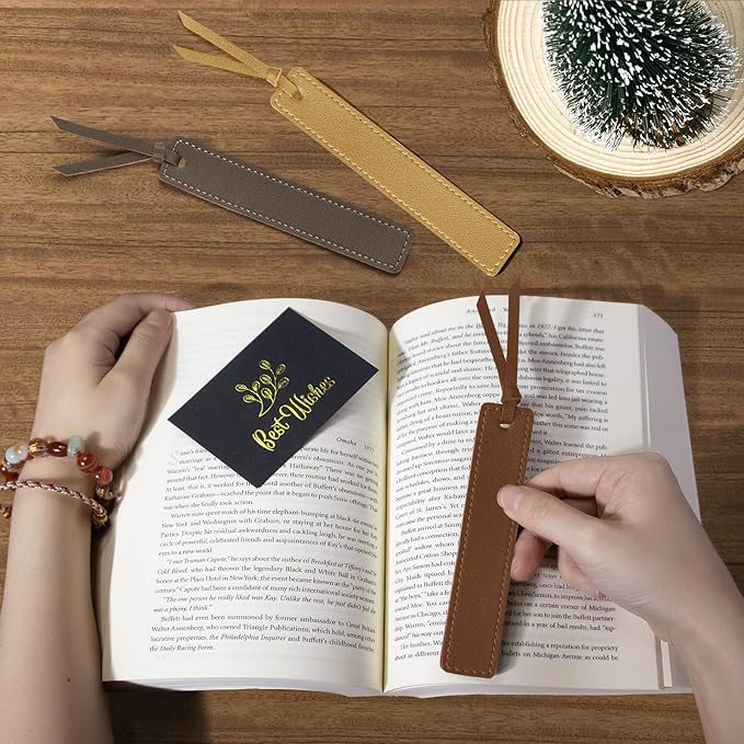 Leather Bookmark, 6 Pcs Classic Style Bookmark for Men, 0.05 Inches Thin Handmade Stitched Book Marks, Page Markers Reading Gifts for Book Lovers and School Students (Light Retro)