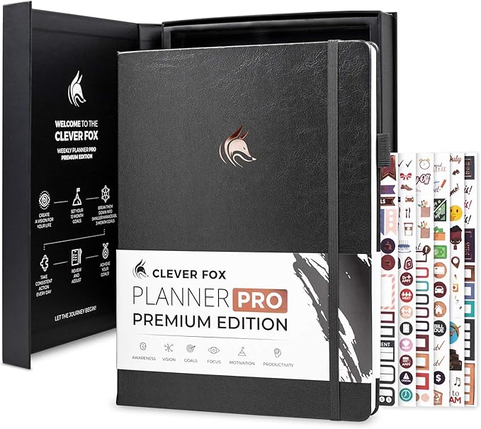 Clever Fox Planner Pro Premium – Luxurious Weekly & Monthly Planner with Budget Organizer for Productivity & Goals, Undated, A4 (Silver Black)