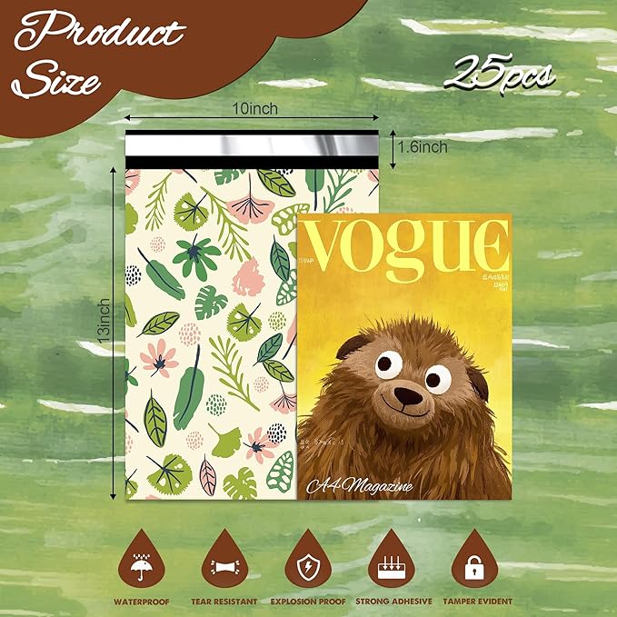 Leafs Poly Mailer 10x13 Inch 25 Pcs, Waterproof Shipping Bags for Clothing, Tear-Resistant Mailier Bags, Strong Mailing Bags with Self-Seal