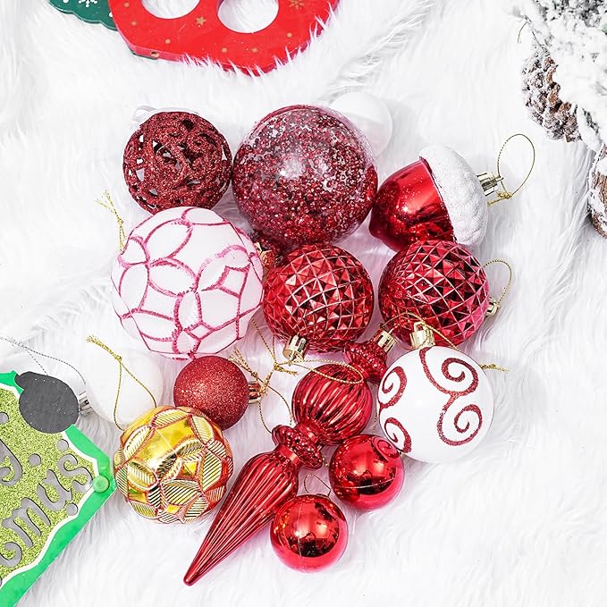 123pcs Christmas Ball Ornaments Set, Shatterproof Plastic Balls for Classic Xmas Decorations, Hanging Ornaments for Christmas Tree, Holiday, Bridal, Home Party, Red and White