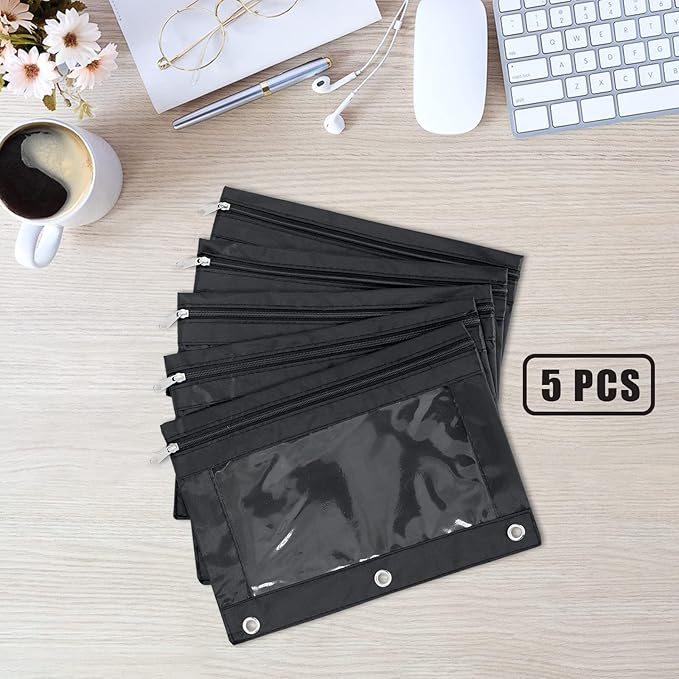 DoDoMagxanadu Binder Pencil Pouches, Pencil Pouch 3 Ring with Zipper Pulls, Clear Window Pencil Case with Rivet Enforced 3 Ring, Black 5 Pack