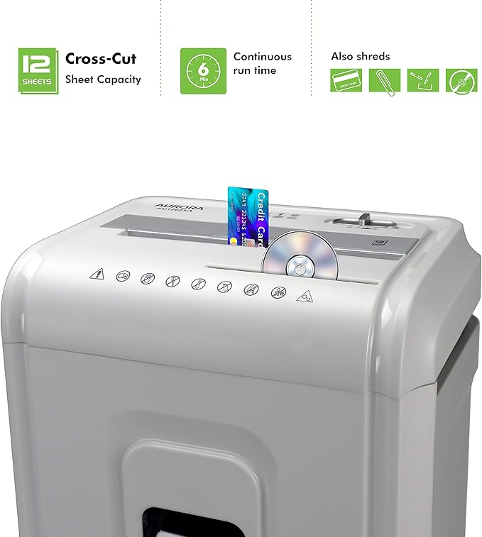 Aurora AU1262XA Anti-Jam 12-Sheet Crosscut Paper and CD/Credit Card Shredder, White/Gray