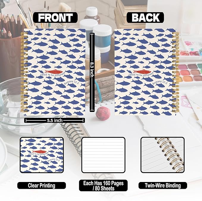 Christian Fish Spiral Notebook, Coastal Beach Bible Journaling Notebooks for Note Taking, Ocean Fish Hardcover Journals for Women Men 160 Pages 5.5 x 8.3 Inch, Christian Gifts for Women