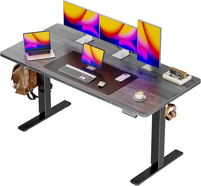 Huuger 55 x 28 Large Electric Standing Desk, Height Adjustable Desk, 27.6" Deep Desktop, Stand up Gaming Computer Office Desk with 2 Hooks, 3 Preset Heights, for Home Office, Grey