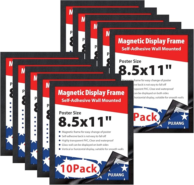 8.5"x 11"Magnetic Sign Holder, Double Sided Window Self-adhesive Frame, Transparent PVC and Strong Magnetic Display Frame for Home/Office/Poster/Certificate/Artwork Display(Black,10Pack)