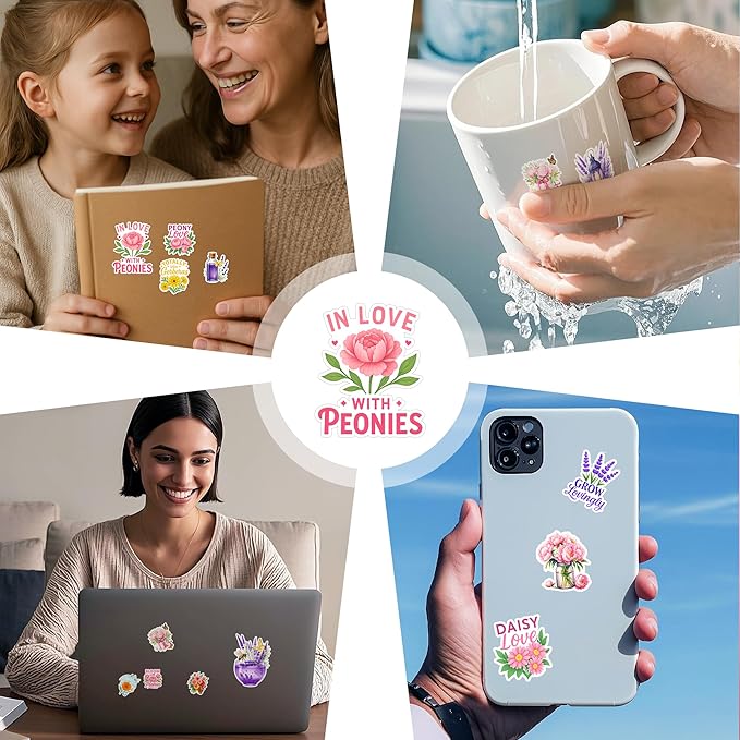 105 PCS Peony Lavender Gerbera Daisy Flower Stickers Pack Vinyl Waterproof Botanical Bloom Quote Decal for Hard Hat Bumper Car Water Bottle Scrapbook Laptop Phone Wall Gift