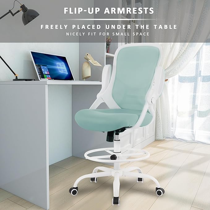 HYLONE Drafting Chair Tiffany Blue, Tall Office Chair Standing Desk Stool with Adjustable Height, Foot Ring, Flip-Up Arms, Mesh High-Back Office Chair, White