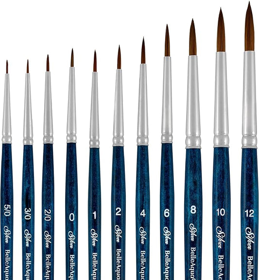 Silver Brush Limited BA-2751S BelleAqua Endless Expression 11pc Round Watercolor Brush Set, Professional Soft Synthetic Red Sable Round Paint Brush Set, Sizes 5/0, 3/0, 2/0, 0, 1, 2, 4, 6, 8, 10, & 12