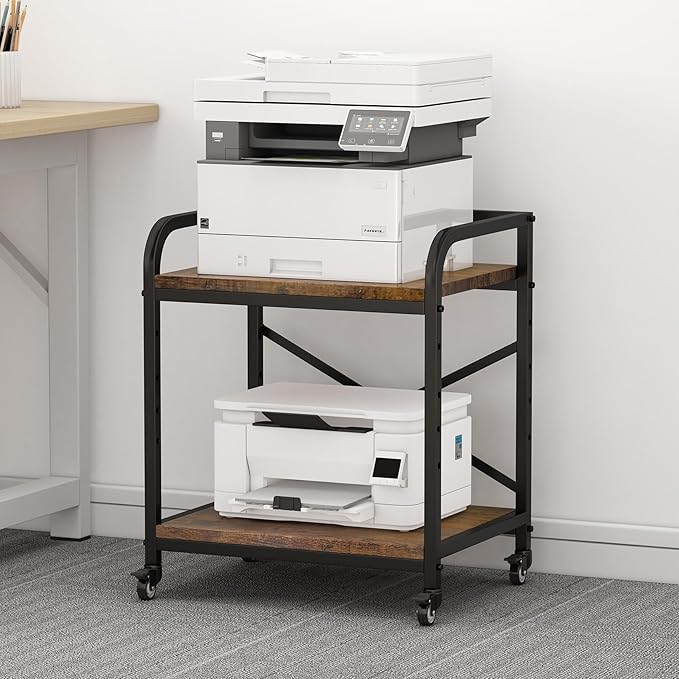 2 Tier Under Desk Printer Stand, Large Printer Table with Height Adjustable Shelf, Rolling Printer Cart with Industrial Wheels for Home Office, Scanner Fax (Rustic Brown)