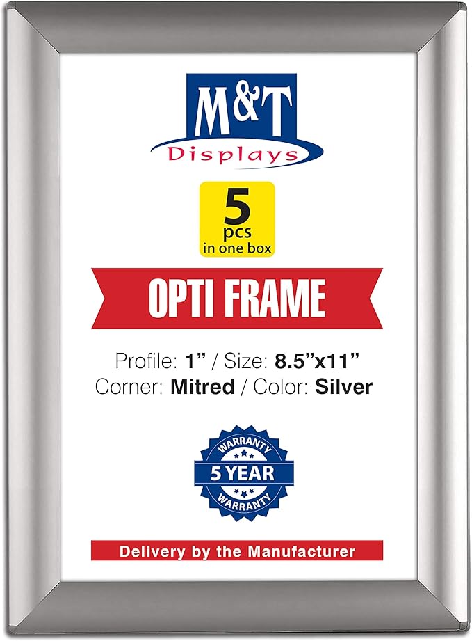 DisplaysMarket 8.5x11 Snap Frame for Wall Mount, Opti Frame, 1 inch Profile- Silver, 5