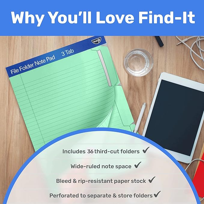 Find It File Folder Notepad - Pack of 36-9.5 x 12.5 Inch Notebook Organizer Folders for Filing, Document, and Clipboard Organization - Green