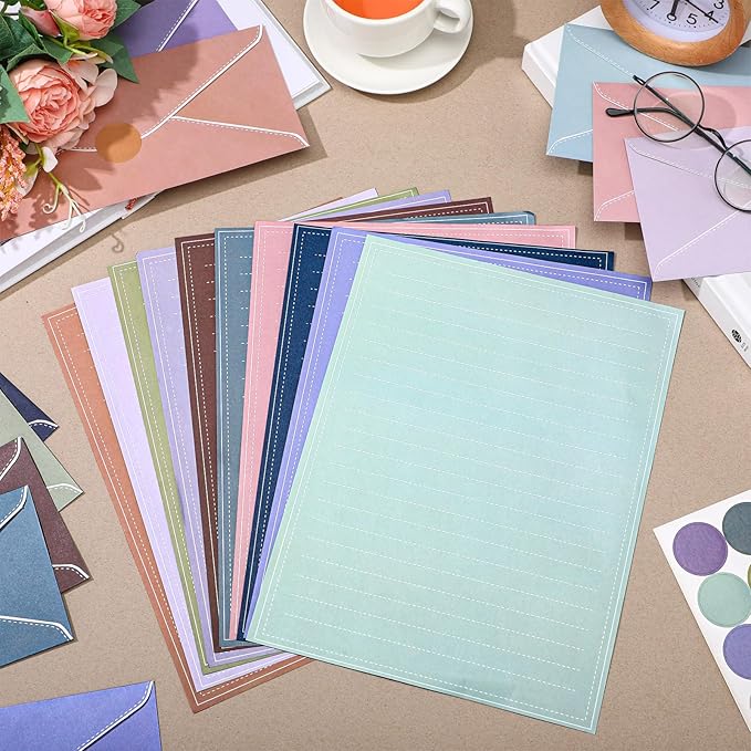 TaoBary 160 Packs Stationery Paper Set (50 Double Sided Stationery Writing Papers 50 Matching Envelopes) 60 Round Dot Sticker, 10 Design(11 x 8.5 Inch,Morandi Color)