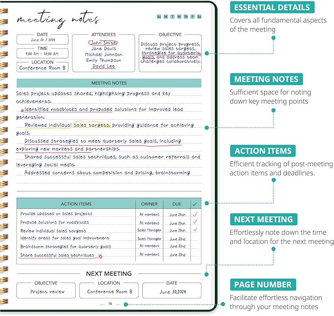 Taja Meeting Notebook for Work Organization - Work notebook with action items, Meeting Minutes Planner Notebook, Perfect Office Supplies for Men & Women - Dark Green